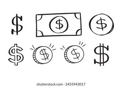 Dollar doodle sign symbol set. Hand drawn Dollar icon. money brushstrokes punctuation. Vector illustration