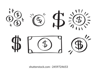 Dollar doodle sign symbol set. Hand drawn Dollar icon. money brushstrokes punctuation. Vector illustration