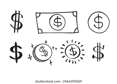 Dollar doodle sign symbol set. Hand drawn Dollar icon. money brushstrokes punctuation. Vector illustration