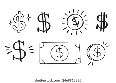 Dollar doodle sign symbol set. Hand drawn Dollar icon. money brushstrokes punctuation. Vector illustration