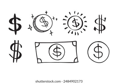 Dollar doodle sign symbol set. Hand drawn Dollar icon. money brushstrokes punctuation. Vector illustration