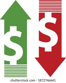 Dollar Up And Down Arrow. Covid Effect US Dollar Currency Trade And Economy 