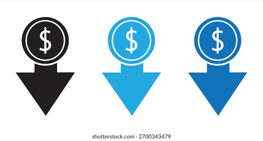 Icono de flecha hacia abajo del dólar. Símbolo de la tendencia a la baja económica. Señal de decadencia empresarial. Ilustración vectorial.