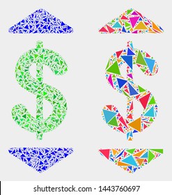 Dollar up down collage icon of triangle items which have various sizes and shapes and colors. Geometric abstract vector illustration of dollar up down.