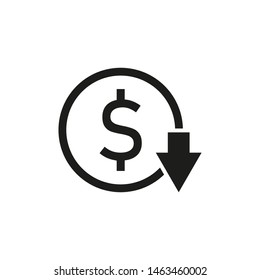 Dollar down icon. Cost reduction icon. Vector. Isolated.