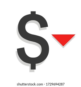 Dollar down icon. Cost reduction sign. Money symbol with arrow stretching rising drop fall down. Decrease dollar, fall, vector illustration.
