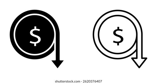 Dólar abajo icono sobre fondo blanco