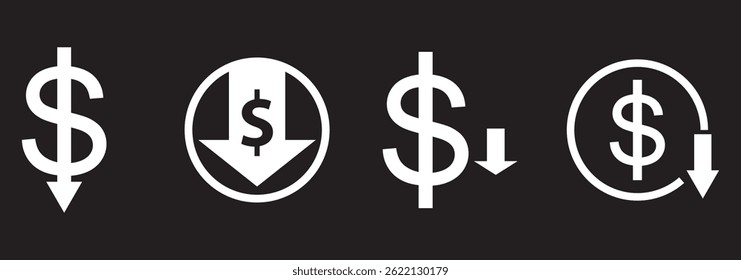 Dollar-Down-Symbol-Set. Dollar-Symbol. Finanzzeichen. für mobiles Konzept und Webdesign. Vektorgrafik auf weißem Hintergrund.