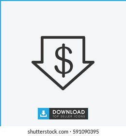 dollar down icon. Simple outline dollar down vector icon. On white background.