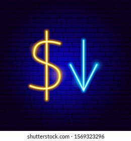 Dollar Down Neon Sign. Vector Illustration of Business Promotion.