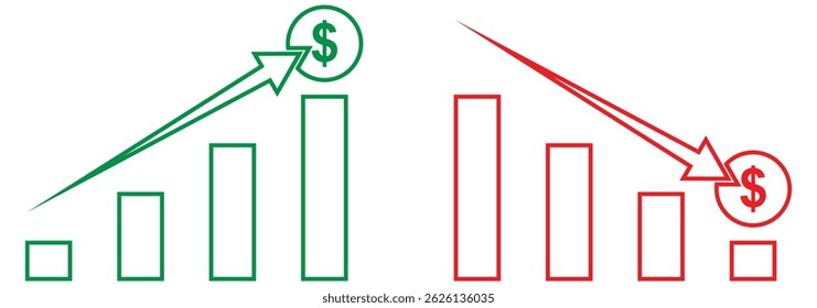 Dollar up and down symbol icon set. Prize up and down arrow sign in vector flat style. Editable stroke. An increase in the level of prices for goods and services in the economy. Change in financial. 