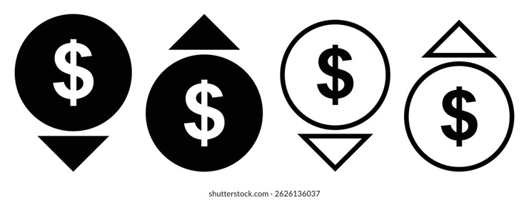 Dollar up and down symbol icon set. Prize up and down arrow sign in vector flat style. Editable stroke. An increase in the level of prices for goods and services in the economy. Change in financial. 