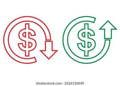 Conjunto de iconos de símbolo de dólar arriba y abajo. Premio arriba y abajo flecha Iniciar sesión Vector estilo plano. Trazo editable. Aumento del nivel de Precios de bienes y servicios en la economía. Cambio en la situación financiera. 