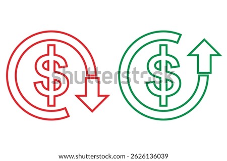 Dollar up and down symbol icon set. Prize up and down arrow sign in vector flat style. Editable stroke. An increase in the level of prices for goods and services in the economy. Change in financial. 