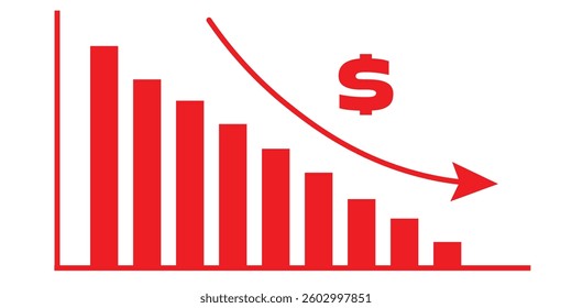 Dollar Down trend chart isolated on white background. sign. symbol. icon. logo. down fall. trading. forex market
