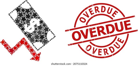 Dollar down trend star mosaic and grunge Overdue stamp. Red stamp with grunge style and Overdue phrase inside circle. Abstract dollar down trend composition is designed with scattered flat star items.