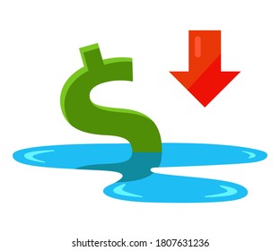 the dollar is drowning in a puddle. falling economy in the united states. flat vector illustration isolated on white background.