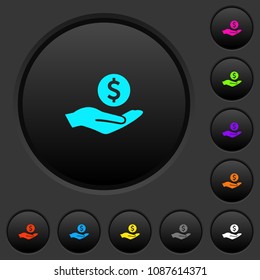 Dollar earnings dark push buttons with vivid color icons on dark grey background