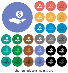 Dollar earnings multi colored flat icons on round backgrounds. Included white, light and dark icon variations for hover and active status effects, and bonus shades on black backgounds.