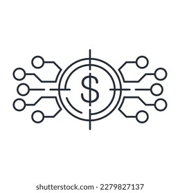  Dollar in electronic target. Smart financial solutions. Vector linear icon isolated on white background.