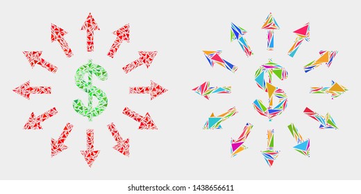 Dollar emission collage icon of triangle elements which have various sizes and shapes and colors. Geometric abstract vector illustration of dollar emission.