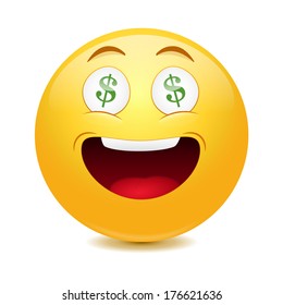 Emoticon en dólares sobre fondo blanco.