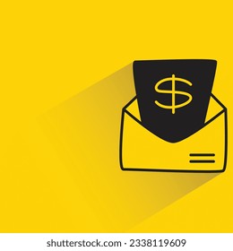 dollar and envelope with shadow on yellow background