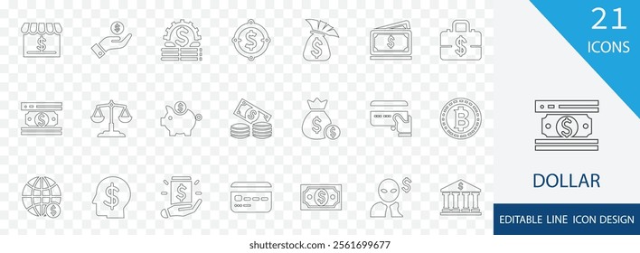 Dollar essential line icon set. containing dollar, banknote, wallet, profit, bank,  credit card, cash, deposit and more stroke icons