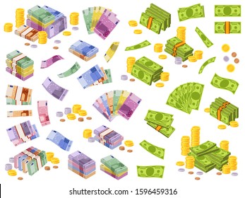 Dollar and euro banknotes. Isometric cash money, various currencies dollars and euros bundles and coins 3d financial awards vector different currency investment payment set