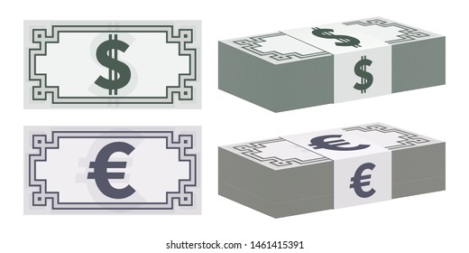 Dollar and euro banknotes on white background. Currency icons design.