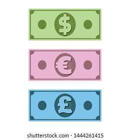 Dollar Euro and British Pound Banknotes with symbols icon.