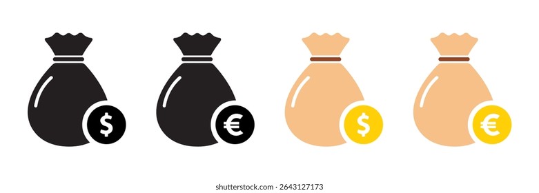 Dollar and euro budget concept featuring money bags representing both currencies. Set of money bag icons