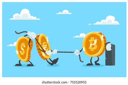 The Dollar And The Euro Can't Win Bitcoin. Pulling The Rope Competition. Currency Conflicts. Vector illustration, flat design. 