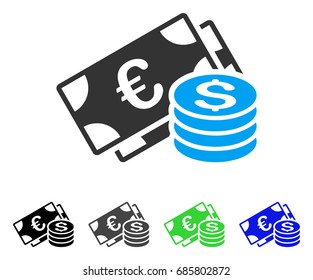 Dollar And Euro Cash flat vector icon. Colored dollar and euro cash gray, black, blue, green icon versions. Flat icon style for graphic design.