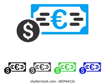 Dollar And Euro Cash flat vector illustration. Colored dollar and euro cash gray, black, blue, green pictogram variants. Flat icon style for application design.