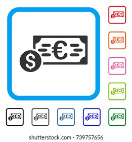 Dollar And Euro Cash icon. Flat grey iconic symbol in a light blue rounded squared frame. Black, gray, green, blue, red, orange color variants of Dollar And Euro Cash vector.