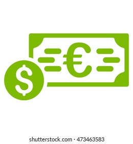 Dollar and Euro Cash icon. Vector style is flat iconic symbol with rounded angles, eco green color, white background.