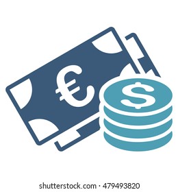 Dollar and Euro Cash icon. Vector style is bicolor flat iconic symbol, cyan and blue colors, white background.