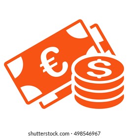 Dollar and Euro Cash icon. Vector style is flat iconic symbol, orange color, white background.