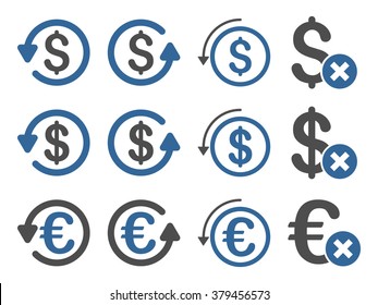 Dollar and Euro Chargeback vector icon set. Style is cobalt and gray flat symbols isolated on a white background.