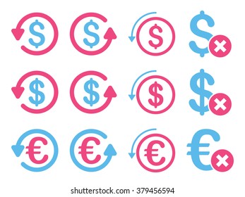 Dollar and Euro Chargeback vector icon set. Style is pink and blue flat symbols isolated on a white background.