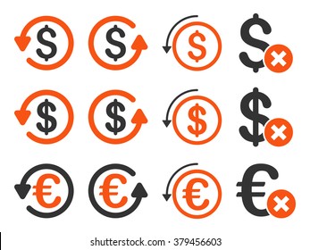 Dollar and Euro Chargeback vector icon set. Style is orange and gray flat symbols isolated on a white background.