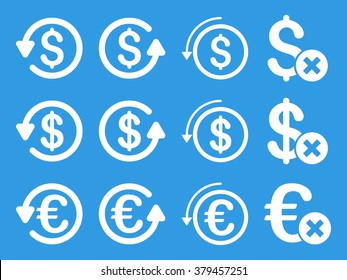 Dollar and Euro Chargeback vector icon set. Style is white flat symbols isolated on a blue background.