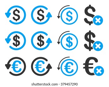 Dollar and Euro Chargeback vector icon set. Style is blue and gray flat symbols isolated on a white background.