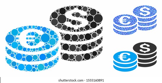 Dollar and Euro coin stacks composition of small circles in variable sizes and color tinges, based on Dollar and Euro coin stacks icon. Vector random circles are composed into blue composition.