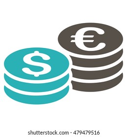 Dollar and Euro Coin Stacks icon. Vector style is bicolor flat iconic symbol, grey and cyan colors, white background.