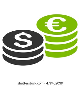 Dollar and Euro Coin Stacks icon. Vector style is bicolor flat iconic symbol, eco green and gray colors, white background.