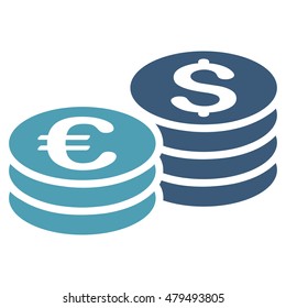 Dollar and Euro Coin Stacks icon. Vector style is bicolor flat iconic symbol, cyan and blue colors, white background.