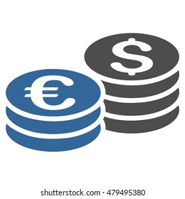 Dollar and Euro Coin Stacks icon. Vector style is bicolor flat iconic symbol, cobalt and gray colors, white background.