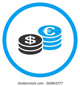 Dollar And Euro Coin Stacks vector icon. Style is bicolor flat circled symbol, blue and gray colors, rounded angles, white background.